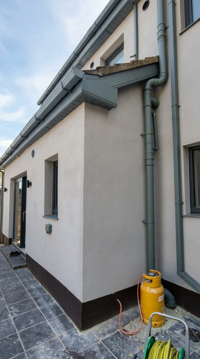 Close-up of a finished textured render wall with grey downpipes